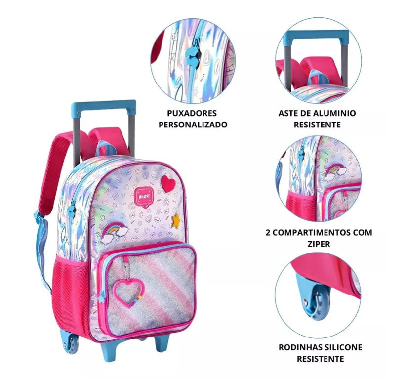 Kit Mochila De Carrinho Holográfica Lancheira Térmica e Estojo