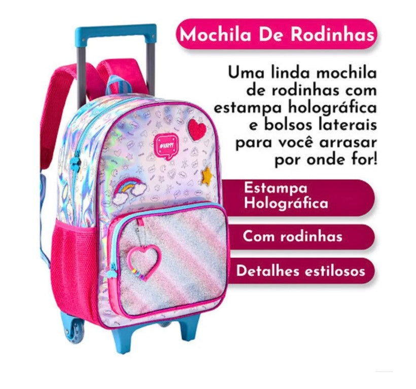 Kit Mochila De Carrinho Holográfica Lancheira Térmica e Estojo