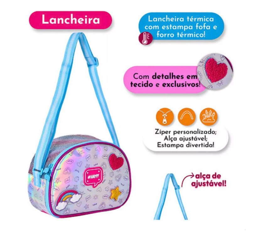 Kit Mochila De Carrinho Holográfica Lancheira Térmica e Estojo