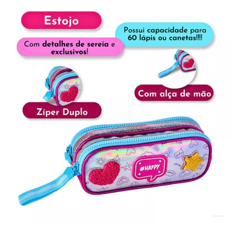 Kit Mochila De Carrinho Holográfica Lancheira Térmica e Estojo