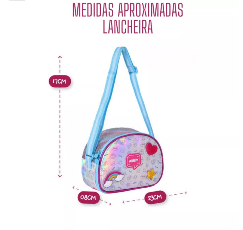 Kit Mochila De Carrinho Holográfica Lancheira Térmica e Estojo