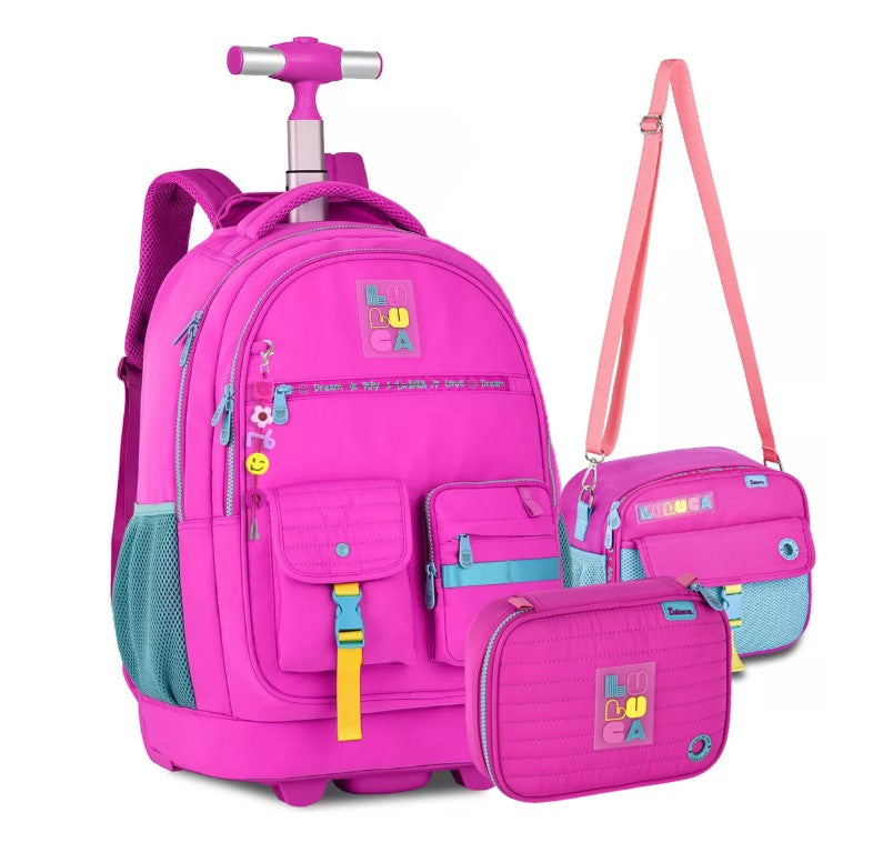 Kit Mochila de Rodinhas Escolar Luluca Youtuber Lancheira e Estojo