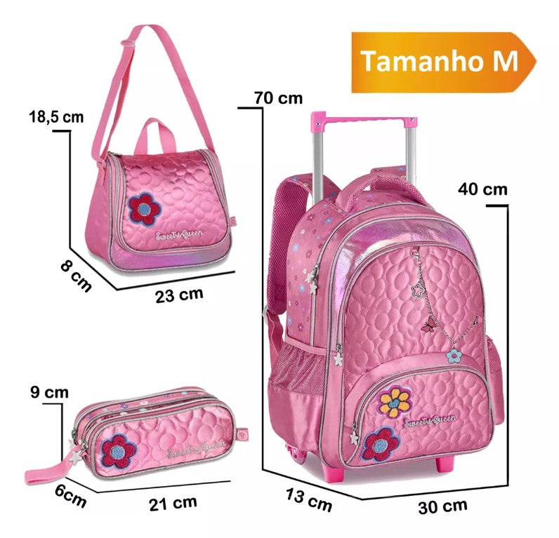 Kit Mochila de Rodinhas Princesas Sweet Queen Lancheira e Estojo