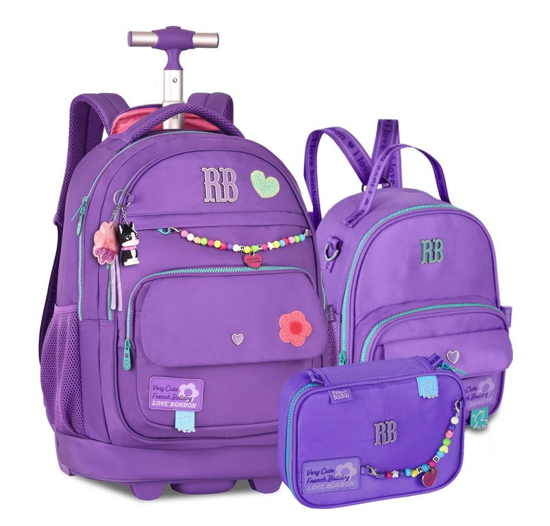 Kit Mochila de Rodinhas Rebecca Bonbon Color Pop Miçangas + Lancheira e Estojo